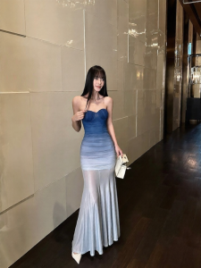 VENUIE | Elegant Body-Shaping Blue Ombre Stretch Mesh Dress