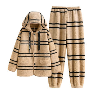 yuenei | เสื้อผ้าอยู่บ้านผู้ชายฤดูใบไม้ร่วง/ฤดูหนาว ขนแกะโพลีเอสเตอร์หนา เสื้อคลุมกันหนาว ลายทาง สไตล์ลำลอง แขนยาว ปกตั้ง