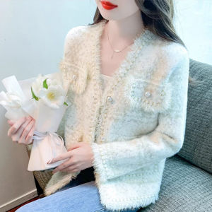 เสื้อคาร์ดิแกนคอวีขนกระต่ายสไตล์เกาหลีสำหรับผู้หญิงฤดูใบไม้ร่วง 2024 ฤดูใบไม้ผลิ ฤดูใบไม้ร่วง เสื้อคาร์ดิแกนคอวีสไตล์ฝรั่งเศส แขนยาว ปกติ