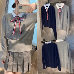 Young Looking Fake Two-Piece Wool Sweater Top with Ribbon Bow Tie Home Girl TB Anti-Stain Winter Long Sleeve Polo Neck Sweater