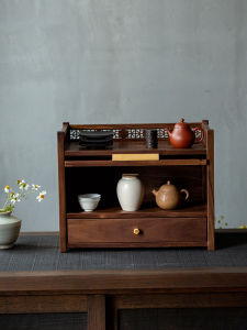 Modern Minimalist Black Walnut Tea Set Storage Rack Desktop Antique Object Stand with Drawer Chinese Style Purple Clay Teapot Organizer