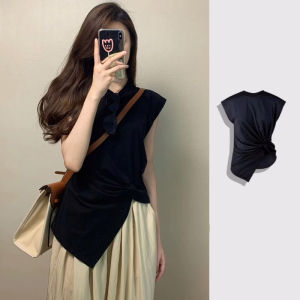 Pure Cotton Irregular Twisted Open-Sleeve T-shirt for Women Summer Design French Style Sleeveless Top