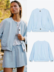 แจ็คเก็ตแบบสวมแขนยาวผสมลินินสไตล์ใหม่สำหรับฤดูร้อน แจ็คเก็ตแบบสวมลำลองสำหรับผู้หญิง ปกโปโล ปกโปโล ปกโปโล