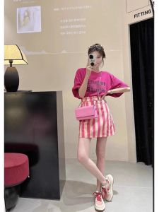 Bộ Đồ Hai Mảnh Kẻ Sọc Mùa Hè Cho Nữ Cỡ Lớn Thường Ngày Dễ Thương Váy Ngắn Tay Ngắn Cổ Tròn Chất Liệu Khác