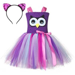 Purple Cartoon Owl Themed Dress for Girls & Toddlers Soft Fluffy Tulle Ballet Tutu Skirt Kids Outfit for Halloween & Stage
