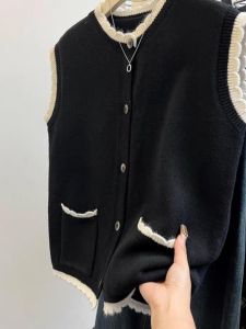 Classic Style Black Knitting Vest Womens Spring and Autumn Outer Wear Sweater Vest Vest Early Autumn New Arrival French Sleeveless Cardigan