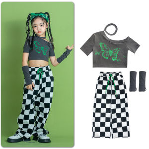 LOlanta Hip-hop Outfit for Girls Out-off Shoulder Crop Top with Cuff Plaid Casual Sports Pants Kids Dance Performance Costume Girl Clothes