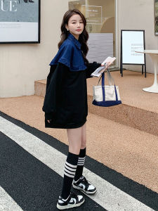 ชุดเดรสสเวตเตอร์คอโปโลผ้าเดนิมทรงหลวมสไตล์เกาหลี กระโปรงทรงเอ แขนยาว สีพื้น แฟชั่นฤดูใบไม้ร่วง