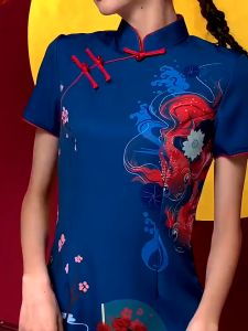 daidai (Ready Stock) Women Cheongsam Cheong Sam Qi Pao Chinese New Year Blue Traditional Dress 国潮旗袍年新款改良版中国风年轻款小个子短款炸街连