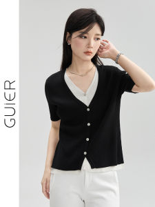 Guier Womens V-neck Knitted Sweater Short Sleeve Slimming Open Cardigan Top High-End Sensation Summer New Arrival