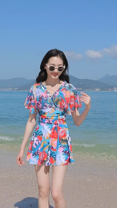 Bikini đi biển đồ bơi nữ liền thân bigsize cổ V quần đùi che khuyết kiểm bụng và bắp tay kín đáo
