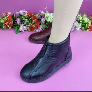 รองเท้าบู๊ทหิมะหนังแท้หนา ขนแกะหนา พื้นแบน กันลื่น สำหรับผู้หญิง ฤดูหนาว รองเท้าบู๊ทหิมะสั้นแบบสวมสบาย