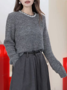 QINGNAER | Luxury Decorated Round Collar Long Sleeve Sweater