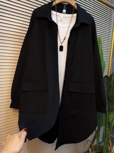 plus Size Womens Mid-Length Jacket Spring Autumn Korean Style Loose Fit Long Sleeve Slimming Outerwear for plus Size Women