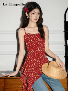 La Chapelle Summer Floral Print Red Off-Shoulder Dress Beach Vacation Womens Irregular Style Commute Fashion Fitted Top