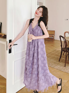 Purple Tassel Strap Dress Women Summer 2025 New French Style High-End Loose V-Neck Long Dress Vacation Style A-Line Skirt