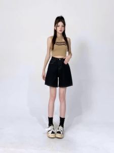 Quần Short Denim Nữ Màu Xanh Đậm Cạp Cao Dáng Rộng Phong Cách Vintage Mặc Đi Biển Chất Liệu Cotton Pha Polyester Cạp Cao