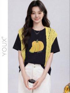 YOUXIANG | Áo Thun In Hình Bí Đen Dạng Rộng