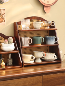 Boho Rattan Wood Cup Rack | Retro 3-Tier Display Shelf | Mug Organizer Stand for Kitchen Countertop & Home Decoration