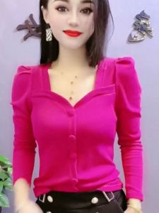 Fashionable Short Bubble Sleeve Square Collar Womens Base Shirt Spring Autumn French Vintage Simple Lightweight T-shirt