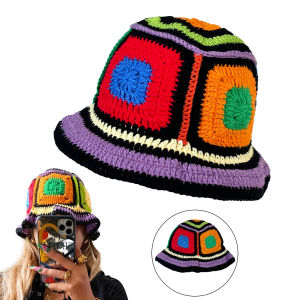 Purple-Edged Zuma Hat Hand-Knitted Colorful Patchwork Crochet Fishermans Hat Vintage Ethnic Style Breathable Bucket Hat Fashionable Casual Knit Hat with Hollow-Out Design Suitable for Daily Street Wear and Sweet-Cool Parties