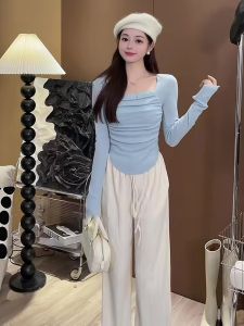 Korean Style Square Collar Long Sleeve Pleated Slim Fit Short T-Shirt Early Autumn New Fashion Casual Top Women