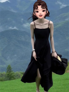 Black Strapless A-Line Dress Women Summer Vacation Long Slimming Waist High-End Feel Cotton Blend Comfortable Ins Style Dress