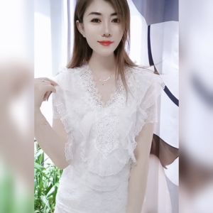 New Chinese Style Three-Dimensional Flower Rhinestone-Embedded Flounce Super Fairy Short-Sleeved Lace Shirt Female Summer Silm Slimming Noble Western Style