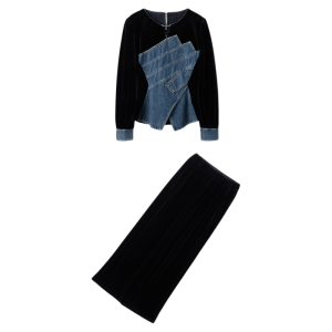 Design Velvet Suit Pinched Waist Top Straight Loose Trousers