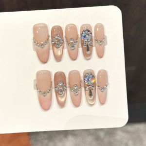10PCS Handmade False Nails SHIHUA MUSE Nude Pink Champagne Long Oval Glamorous Design with Big DiamondsWith 4PIECE Tool Adhesive