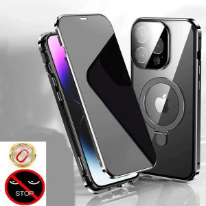 Magnetic Tempered Glass Metal Privacy Case For iPhone 17 16 15 14 13 11 Pro MAX 7 Cover With Camera Lens Protector Phone Holder