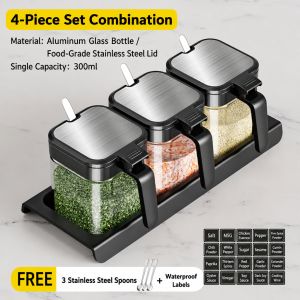 1-5pcs Seasoning Box Set Glass Spice Container Jar Set Kitchen Sealed Salt Shaker with Lid with Spoon with Tray Seasoning Bottle