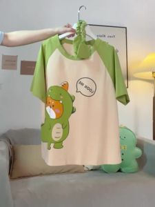 Bộ Đồ Ngủ Nữ Hình Gấu Hoạt Hình Dễ Thương Ngọt Ngào Bộ Đồ Ngủ Ngắn Tay Cổ Chữ O Áo Thun Cổ Tròn Đồ Ngủ Loungewear Phong Cách Hàn Quốc Váy Ngủ Mùa Hè