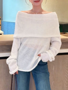 QINGNAER | Off-Shoulder Turn-Down Collar Simple Elegant 2025 Fall/Winter Womens Sweater