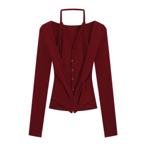 Áo Thun Nữ Tay Dài Cổ Đứng Màu Đỏ Thiết Kế Gợi Cảm Mùa Thu Đông Ôm Vừa Vặn Tôn Dáng Áo Lót Cơ Bản