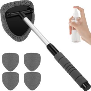 Car Windshield Cleaning Tool with 4 Reusable and Washable Microfiber Pads and Extendable HandleAuto Inside Glass Wiper Kit