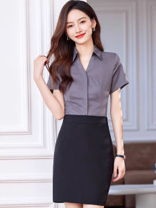 Professional Short Sleeve Womens Shirt Slim Fit V-Neck Formal Summer Anti-Wrinkle Easy Care Workwear Grey Button-Up Blouse
