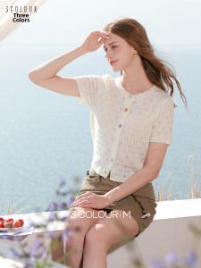 3COLOUR·S | Summer New White Lace-knit Short-sleeve Cardigan Sweater