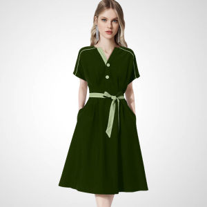 Elegant Green A-Line Dress Womens Fashionable Short Sleeve Slimming Midi Dress French Style Summer 2025 New Arrival