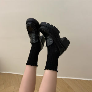 High Heel round Toe Leather Loafers Womens Single Shoes Small Leather Shoes Ins Simple Thick Bottom Cushioning Pigskin