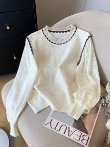 เสื้อถักแขนยาวคอปกสูงสไตล์ฝรั่งเศสสำหรับผู้หญิง เสื้อชั้นในลายลูกไม้ ทรงหลวม แขนยาว ฤดูใบไม้ร่วง/ฤดูหนาว 2025 ใหม่ เสื้อชั้นในแฟชั่นลดอายุ