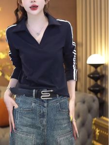 plus Size Slimming Striped Long Sleeve Polo Neck T-Shirt Fashionable Early Autumn Wear for plus Size Women Comfortable Fit