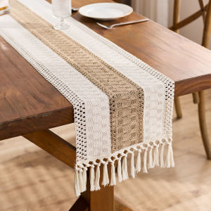 Boho Table Runner for Home Decor Macrame Cream & Brown Farmhouse Table Runner with Tassels for Bohemian Dining Bedroom Decor