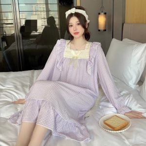 Sweet Pure Color Long Sleeve Sleep Dress Womens Nightgown Autumn New Style Home Clothes Polyester Fiber V-neck Mid-length Skirt