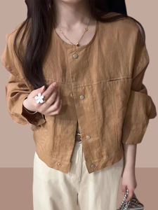 Áo Khoác Vải Lanh Mỏng Mùa Hè Cho Nữ Dáng Ngắn Thiết Kế Đơn Giản Cài Nút Chống Nắng Thời Trang Thường Ngày Cổ Tròn Tay Dài