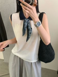YUEZHONGWEI | เสื้อกั๊กถักคอผูกผ้าพันคอสีบล็อกแขนสั้นทรงสลิมฟิตสำหรับฤดูร้อน เสื้อโปโลแขนกุดแบบบางสำหรับผู้หญิง