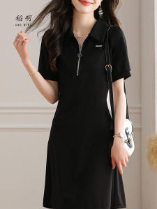Elegant Black Polo Neck A-Line Mini Dress Womens Summer New Style Waist-Cinching Ladylike Short Skirt Casual Style Zipper
