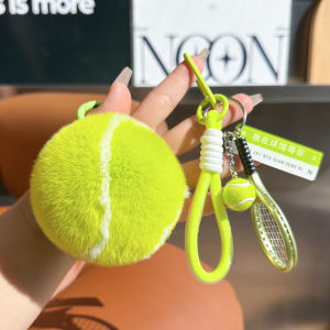 Cute Real Rabbit Fur Tennis Ball Keychain Bag Charm Plush Car Key Holder Attractive Ball Book Bag Decorations