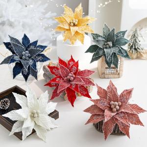 26cm Luxurious Faux Velvet Christmas Flower Realistic Handmade Xmas Tree Ornaments Elegant with Ice Crystal Simulated Flower