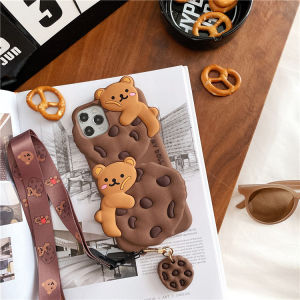 3D Cartoon Cookie Bear With Lanyard Phone Case For iPhone 17 16 15 14 13 12 11 Pro Max X XR XS 6 7 8 Plus SE Shockproof Cover
